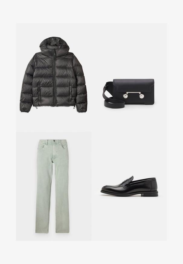 Jachetă puffer neagră cu glugă, având sistem de închidere cu fermoar, două buzunare laterale și textură matlasată. Fabricată dintr-un material ușor, izolant.; Tricou de culoare albastru închis cu mânecă scurtă, cu text alb "neanche per sogno" centrat pe piept, guler rotund, dimensiune medie.; Jeans din denim verde deschis cu croi drept, design cu cinci buzunare și închidere cu nasture, având o ușoară decolorare și o textură netedă.; Mocasini din piele neagră cu o textură netedă, vârf rotund și o curea decorativă peste partea superioară. Toc mic, design minimalist.; Geantă din piele neagră, tip crossbody, cu închidere prin clapetă, accesorii din metal de culoare argintie și două accente rotunde. Dispune de o curea detașabilă. Textură netedă.