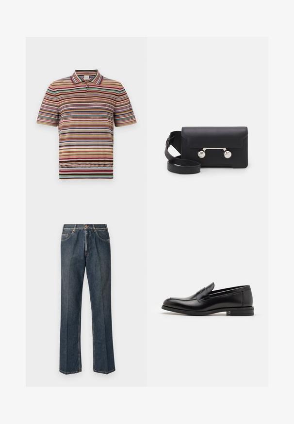 Zwarte gewatteerde jas met capuchon, voorzien van een ritssluiting aan de voorkant, twee zijzakken en een gewatteerde textuur. Gemaakt van lichtgewicht, geïsoleerd materiaal.; Paul Smith Poloshirt - multi coloured; Donkerblauwe rechte spijkerbroek met een knoopsluiting aan de voorkant, rits, dubbele voorzakken en zichtbare verticale plooien langs de benen.; Zwarte leren instappers met een gladde textuur, ronde neus en een decoratieve band over de wreef. Lage, gestapelde hak en minimalistisch ontwerp.; Zwarte leren schoudertas met een klep, zilverkleurige hardware en twee ronde accenten. Voorzien van een afneembare schouderriem. Soepele textuur.