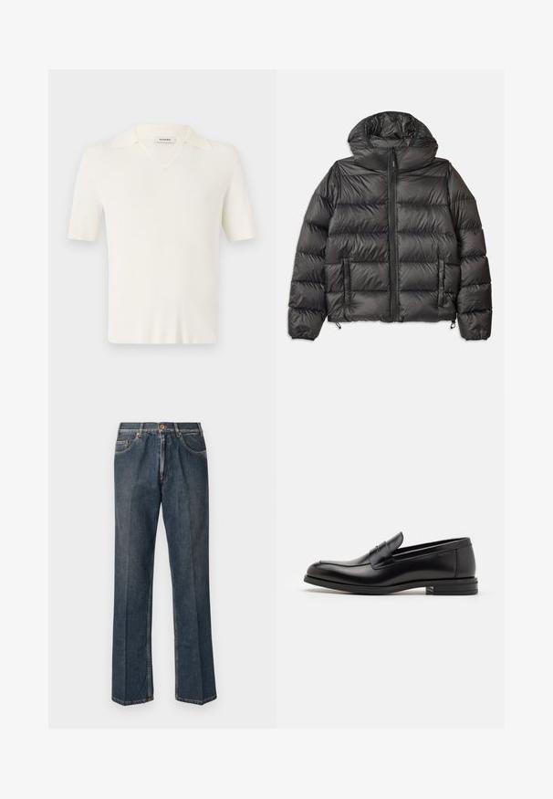 Čierna púzdrová bunda s kapucňou, so zipsovým predným uzáverom, dvoma bočnými vreckami a prešívanou textúrou. Vyrobená z ľahkého, izolačného materiálu.; Pulóver s krátkym rukávom a výstrihom do V v krémovej farbe, s rebrovanou textúrou, jemným golierom a priliehavým strihom.; Tmavomodré rovné džínsy s predným gombíkom, zipsom, dvojitými prednými vreckami a viditeľnými vertikálnymi pukmi pozdĺž nohavíc.; Čierne kožené mokasíny s hladkou textúrou, zaoblenou špičkou a dekoračným pásikom cez priehlavok. Nízky vrstvený opätok, minimalistický dizajn.