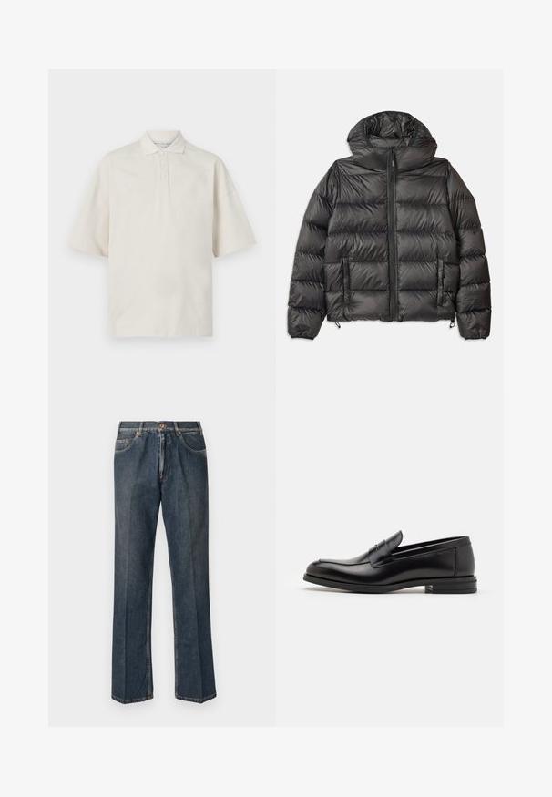 Čierna púzdrová bunda s kapucňou, so zipsovým predným uzáverom, dvoma bočnými vreckami a prešívanou textúrou. Vyrobená z ľahkého, izolačného materiálu.; Béžová polokošeľa s krátkymi rukávmi, golierom, tromi prednými gombíkmi a mäkkou textúrou. Má uvoľnený, voľný strih.; Tmavomodré rovné džínsy s predným gombíkom, zipsom, dvojitými prednými vreckami a viditeľnými vertikálnymi pukmi pozdĺž nohavíc.; Čierne kožené mokasíny s hladkou textúrou, zaoblenou špičkou a dekoračným pásikom cez priehlavok. Nízky vrstvený opätok, minimalistický dizajn.