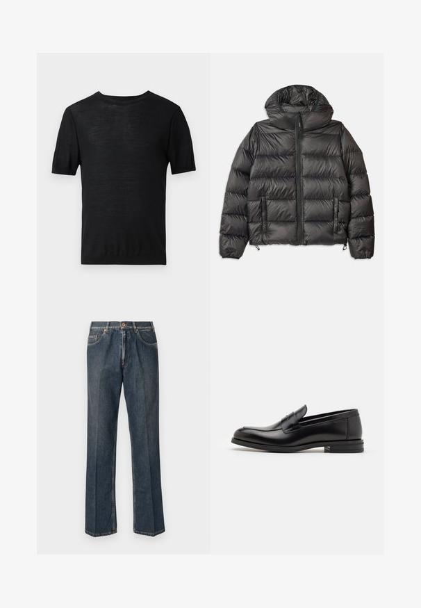 Juodas pūkinis džemperis su kapišonu, turintis užtrauktuką priekyje, dvi šonines kišenes ir siuvinės tekstūrą. Pagamintas iš lengvos, izoliacinės medžiagos.; Juodas trumpas rankovėmis marškinėliai, pagaminti iš lengvos, glotnios medžiagos, su apvalia iškirpte ir paprastu, nepuoštu dizainu.; Tamsiai mėlynos tiesios kojos džinsai su priekiniais mygtukais, užtrauktuku, dviem priekinėmis kišenėmis ir matomomis vertikaliomis raukšlėmis nuo kelnių šonų.; Juodos odinės loafers, turinčios lygų paviršių, apvalią noselę ir dekoratyvinę juostą per priekinę dalį. Žemas krentantis kulnas, minimalistinis dizainas.