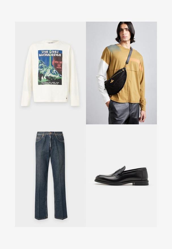 Juodas pūkinis džemperis su kapišonu, turintis užtrauktuką priekyje, dvi šonines kišenes ir siuvinės tekstūrą. Pagamintas iš lengvos, izoliacinės medžiagos.; Grietos ilgomis rankovėmis marškinėliai, puošiami spalvinga grafika pavadinimu "Pamiršta žinija", vaizduojančia piramidę ir skaitmeninius veido elementus.; Tamsiai mėlynos tiesios kojos džinsai su priekiniais mygtukais, užtrauktuku, dviem priekinėmis kišenėmis ir matomomis vertikaliomis raukšlėmis nuo kelnių šonų.; Juodos odinės loafers, turinčios lygų paviršių, apvalią noselę ir dekoratyvinę juostą per priekinę dalį. Žemas krentantis kulnas, minimalistinis dizainas.; Vivienne Westwood CITY BUMBAG UNISEX - Diržinis krepšelis - black