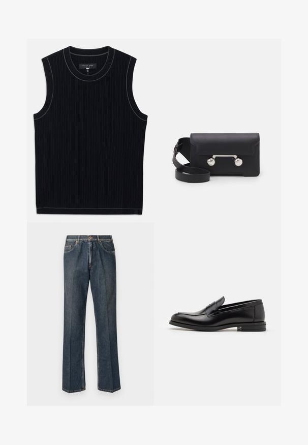 Juodas pūkinis džemperis su kapišonu, turintis užtrauktuką priekyje, dvi šonines kišenes ir siuvinės tekstūrą. Pagamintas iš lengvos, izoliacinės medžiagos.; Juodas be rankovių marškinėlis, pagamintas iš raštuoto audinio, su apvaliu kaklu ir švariu apdailos kraštu. Subtilus kontrastingas apvadas aplink kaklą.; Tamsiai mėlynos tiesios kojos džinsai su priekiniais mygtukais, užtrauktuku, dviem priekinėmis kišenėmis ir matomomis vertikaliomis raukšlėmis nuo kelnių šonų.; Juodos odinės loafers, turinčios lygų paviršių, apvalią noselę ir dekoratyvinę juostą per priekinę dalį. Žemas krentantis kulnas, minimalistinis dizainas.; Juodas odinis kryžminis krepšys su sklendės uždarymu, sidabro spalvos detalėmis ir dviem apvaliais akcentais. Yra nusiimamas diržas. Lygus paviršius.