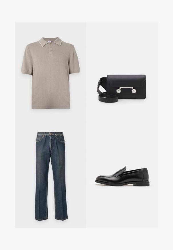 Černá péřová bunda s kapucí, se zipovým zapínáním vpředu, dvěma bočními kapsami a prošívanou strukturou. Vyrobena z lehkého, izolačního materiálu.; Filippa K Polotričko - moss grey; Tmavě modré džíny rovného střihu s předním poutkem, zipem, dvojitými předními kapsami a viditelnými vertikálními záhyby na nohavicích.; Černé kožené polobotky s hladkou texturou, zaoblenou špičkou a zdobným páskem přes nárt. Nízký stohovaný podpatek, minimalistický design.; Černá kožená crossbody taška s klopovým zavíráním, stříbrným kováním a dvěma kulatými detaily. Obsahuje odnímatelný popruh. Hladká textura.