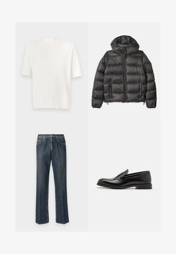 Fekete pufi dzseki kapucnival, elöl cipzáras, két oldalsó zsebbel és steppelt textúrával. Könnyű, szigetelő anyagból készült.; Fehér, rövid ujjú, bordás kötött felső. Kerek nyakkivágás és puha textúra. Egyenes szabás, finom fényességgel. Könnyű, sokoldalú kialakítás.; Sötétkék egyenes szárú farmernadrág elülső gombbal, cipzáros behúzással, dupla elülső zsebekkel és lábszárakon látható függőleges ráncokkal.; Fekete bőr loaferek sima textúrával, kerek orral és dekoratív pánttal a vampnál. Alacsony, rétegelt sarkú, minimalista dizájn.