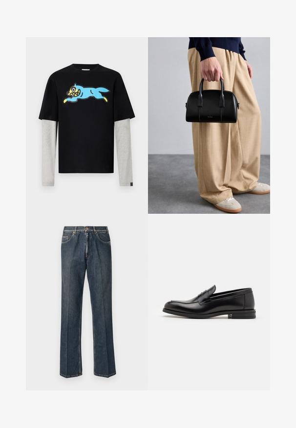 Mustapufferi takki hupulla, jossa on vetoketjukiinnitys, kaksi sivutaskua ja tikattu rakenne. Valmistettu kevyestä, eristävästä materiaalista.; Icecream RUNNING DOG LAYERED - Pitkähihainen paita - black; Tummansiniset suorat farkut, joissa on edessä nappi, vetoketju, tuplakoteloita ja näkyvät pystysaumat lahkeissa.; Mustat nahkakengät, joissa on sileä pinta, pyöreä kärki ja koristeellinen nauha jalkapöydän yli. Matala pinoitu koroke, minimalistinen muotoilu.; Musta nahkainen käsilaukku, jossa on jämäkkä muotoilu, kaksinkertaiset kahvat, hillityt ompeluyksityiskohdat ja kultainen logo. Yhdistetty vaaleanbeigeihin leveälahkeisiin housuihin.