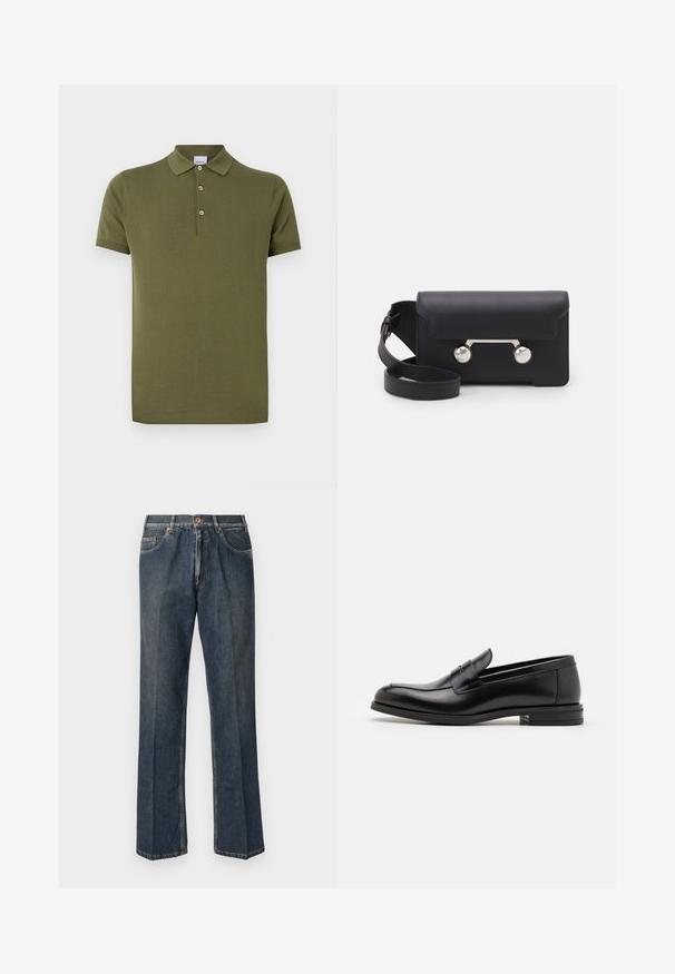 Črna puffer jakna s kapuco, z zadrgo spredaj, dvema stranskima žepoma in prešito teksturo. Narejena iz lahkega, izoliranega materiala.; Olivno zelena polo majica iz bombaža, ki ima kratke rokave, tri gumbe na zapenjanju ter rebrast ovratnik in manšete.; Temno modri traper hlače ravnega kroja z gumbom spredaj, zadrgo, dvojnimi sprednjimi žepi in vidnimi navpičnimi gubami po nogah.; Črne usnjene loafer čevlje z gladko teksturo, zaobljenim nosom in dekorativnim trakom čez zgornji del. Nizka zložena peta, minimalističen dizajn.; Črna usnjena torbica za čez ramo z zapiranjem na preklop, srebrnimi dodatki in dvema okroglima okrasoma. Ima snemljiv trak. Gladka tekstura.