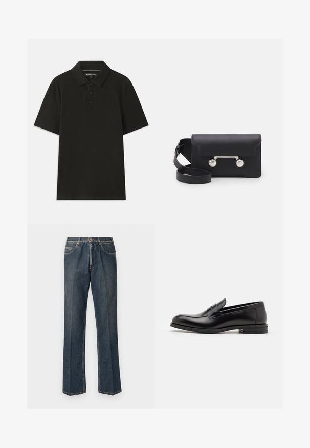 Čierna púzdrová bunda s kapucňou, so zipsovým predným uzáverom, dvoma bočnými vreckami a prešívanou textúrou. Vyrobená z ľahkého, izolačného materiálu.; Čierna polo košeľa vyrobená z texturovanej látky. Obsahuje trojité gombíkové zapínanie a štandardný golier. Krátke rukávy a rovný lem.; Tmavomodré rovné džínsy s predným gombíkom, zipsom, dvojitými prednými vreckami a viditeľnými vertikálnymi pukmi pozdĺž nohavíc.; Čierne kožené mokasíny s hladkou textúrou, zaoblenou špičkou a dekoračným pásikom cez priehlavok. Nízky vrstvený opätok, minimalistický dizajn.; Čierna kožená crossbody taška s klopovým uzáverom, strieborné nity a dve okrúhle ozdoby. Obsahuje odnímateľný popruh. Hladký povrch.