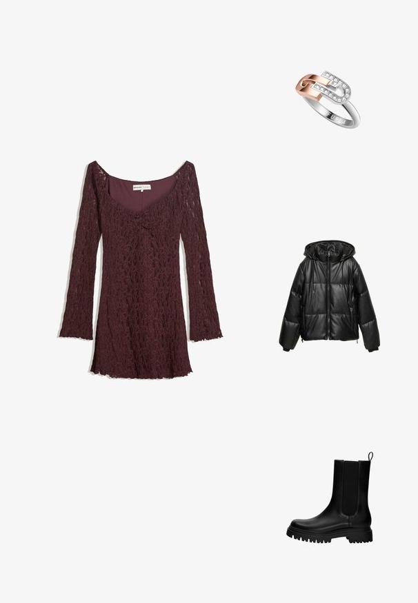 Svart vadderad fusk läder vinterjacka med dragkedja fram, justerbar huva, sidofickor och elastiska ärmslut.; Burgundy spetsklänning med figursydd bodice, rundad halsringning och långa utsvängda ärmar. Delikat blommönster med en mjuk, strukturerad yta.; Svart läderankelboot med elastiska sidopaneler, dragflik och en tjock, robust sula. Slät textur med en modern design.; Silverring med en design i guld och roséguld som sitter ihop, utsmyckad med klara kristaller längs kanten. Varumärket "Furla" är ingraverat inuti.