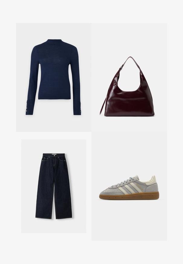 Dark blue denim jacket with a collared neck, front button closure, two chest pockets, and long sleeves featuring buttoned cuffs.; Navy blue long-sleeve sweater featuring a high neck and button accents on the cuff, made from a textured, lightweight fabric.; Dark blue denim wide-leg jeans with a high waist, five pockets, contrast stitching, and silver metal hardware. Smooth texture and clean finish.; Gray suede sneakers with light gray leather stripes and a gum rubber sole. Features include lace closure and subtle branding on the tongue.; Burgundy leather handbag with a rounded cutout top, smooth texture, and a long shoulder strap, featuring minimalistic design and no visible hardware.