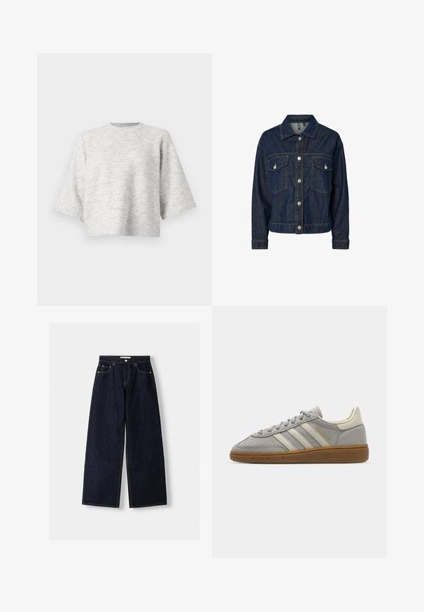 Veste en denim bleu foncé avec un col, fermeture à boutons sur le devant, deux poches poitrine et manches longues avec poignets à boutons.; Pull en tricot gris à la coupe décontractée et carrée avec des manches larges. Il présente un col rond et une texture douce. Aucun motif ou accent visible.; Jean large en denim bleu foncé à taille haute, avec cinq poches, des coutures contrastées et des éléments en métal argenté. Texture lisse et finition soignée.; Baskets en suède gris avec des rayures en cuir gris clair et une semelle en caoutchouc caramel. Les caractéristiques incluent un laçage et un branding discret sur la languette.