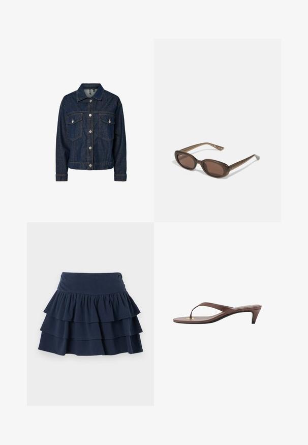 Tmavě modrá denimová bunda s límečkem, předním zapínáním na knoflíky, dvěma náprsními kapsami a dlouhými rukávy se zapínáním na knoflíky.; PULL&BEAR Top - white; Hollister Co. MAY RUFFLE - Šortky - dark blue; Hnědé sandály s podpatkem a tenkým páskem, zaoblenou špičkou a malým zlatým akcentem na stélce.; Hnědé oválné sluneční brýle s tmavými skly. Rámeček je z průhledného hnědého materiálu a má na stranách potisk s logem.; Zelená kožená kabelka s hladkou texturou, zakřiveným tvarem a pleteným držadlem. Obsahuje zipové uzávěr a nastavitelný popruh.