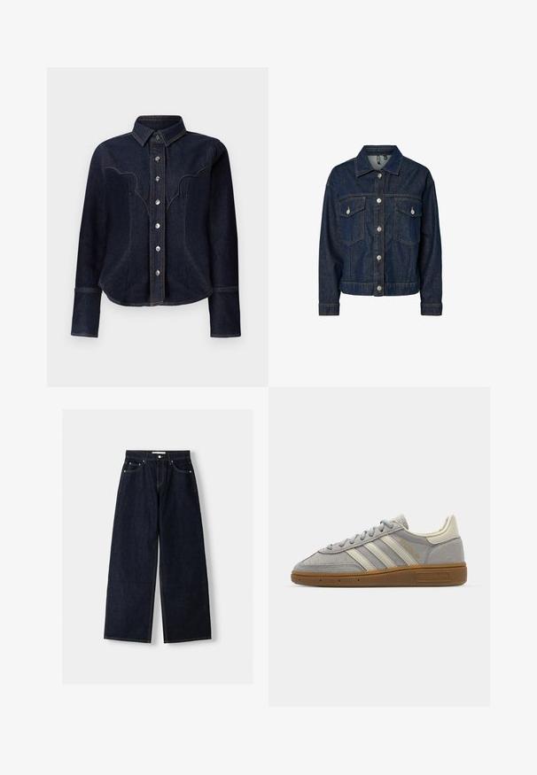 Dark blue denim jacket with a collared neck, front button closure, two chest pockets, and long sleeves featuring buttoned cuffs.; Dark denim shirt with a western-style yoke, featuring silver buttons, long sleeves, and subtle stitching details.; Dark blue denim wide-leg jeans with a high waist, five pockets, contrast stitching, and silver metal hardware. Smooth texture and clean finish.; Gray suede sneakers with light gray leather stripes and a gum rubber sole. Features include lace closure and subtle branding on the tongue.