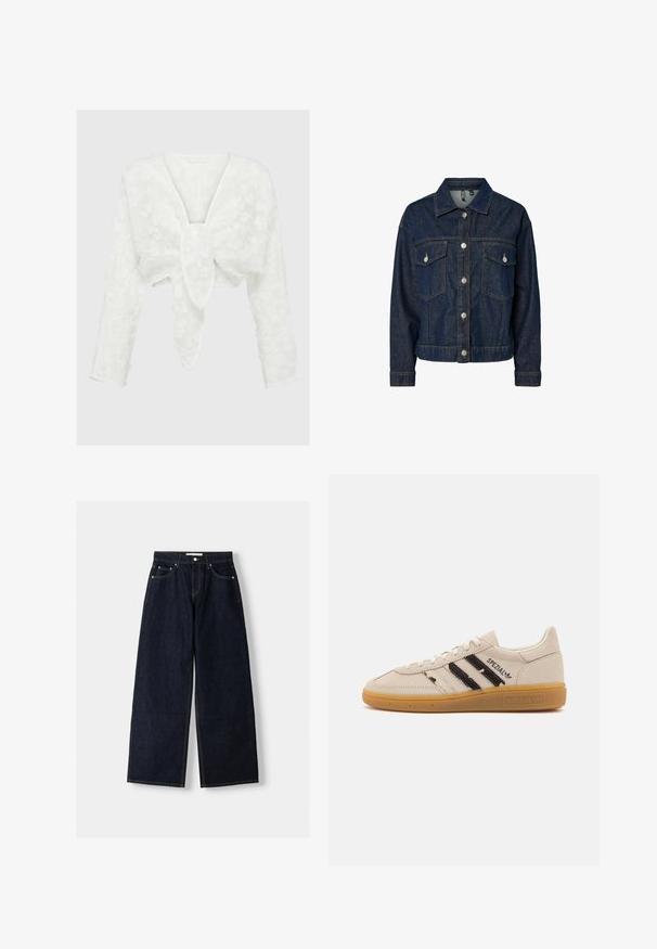 Granatowa kurtka dżinsowa z kołnierzem, z przodu zapinana na guziki, z dwiema kieszeniami na piersi oraz długimi rękawami z guzicznymi mankietami.; Biała, krótka bluzka z głębokim dekoltem w kształcie V, długimi rękawami i teksturowanym kwiatowym wzorem. Dekoracyjna kokarda z przodu. Miękki, lekki materiał.; Granatowe dżinsy z szerokimi nogawkami i wysokim stanem, pięć kieszeni, kontrastowe szwy i srebrne metalowe akcesoria. Gładka tekstura i czyste wykończenie.; Beżowe zamszowe sneakersy z czarnymi paskami i napisem "Spezial", posiadają teksturowaną gumową podeszwę oraz klasyczny system sznurowania.
