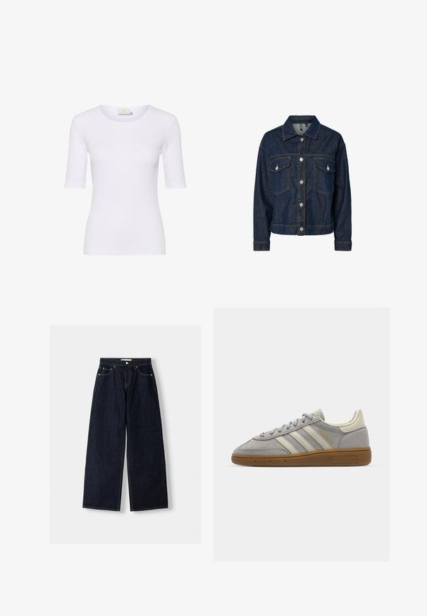 Mörkblå denimjacka med krage, knappstängning fram, två bröstfickor och långärmar med knäppning vid ärmsluten.; Vit figursydd t-shirt i slät tyg, med rund halsringning och korta ärmar, utan synliga mönster eller detaljer.; Mörkblå denim med vida ben och hög midja, fem fickor, kontrastsömmar och silverfärgad metalldetaljer. Slät textur och ren finish.; Grå mockasneakers med ljusgrå läderlinjer och en gummigummi-sula. Funktioner inkluderar snörning och diskret logotyp på tungan.
