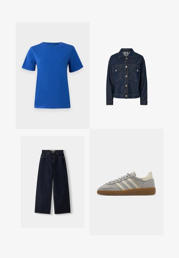 Temno-modra jeanska jakna s ovratnikom, sprednjim gumbom, dvema prsno žepoma in dolgimi rokavi z gumbastimi manšetami.; Modra bombažna majica s krožno ovratnikom, kratkimi rokavi in zavihanimi robovi. Gladka tekstura, ravno dno in brez vidnih vzorcev ali okrasitev.; Temno modri široki jeans z visokim pasom, petimi žepi, kontrastnim šivanjem in srebrnim kovinskim okovjem. Gladka tekstura in čista končna obdelava.; Sive športne copate iz semiša z svetlosivimi usnjenimi črtami in gumijastim podplatom. Značilnosti vključujejo vezalni sistem in subtilno blagovno oznako na jezičku.
