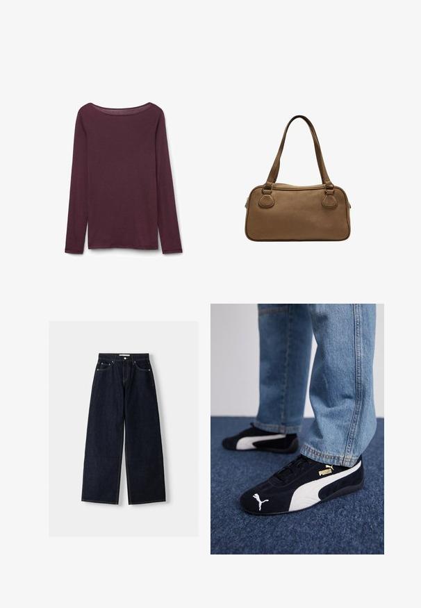 Dunkelblaues Denim-Jackett mit Kragen, vorderer Knopfverschluss, zwei Brusttaschen und langen Ärmeln mit geknöpften Manschetten.; Langärmliges Oberteil in tiefem Burgunderrot, mit einem Rundhalsausschnitt, weichem Stoff und einer lockeren Passform mit seitlichen Schlitzen am Saum.; Dunkelblaue, weite Jeans mit hoher Taille, fünf Taschen, Kontrastnähten und silbernem Metallzubehör. Glatte Textur und saubere Verarbeitung.; Schwarze Wildledersneaker mit weißen Akzenten und einem goldenen Logo. Getragen mit hellblauen Jeans und auf einer strukturierten blauen Oberfläche platziert.; Braune Wildlederhandtasche mit zwei oberen Griffen, einem Reißverschluss und einer runden Form. Verfügt über eine beige Naht und Metallelemente in der Nähe der Griffe.