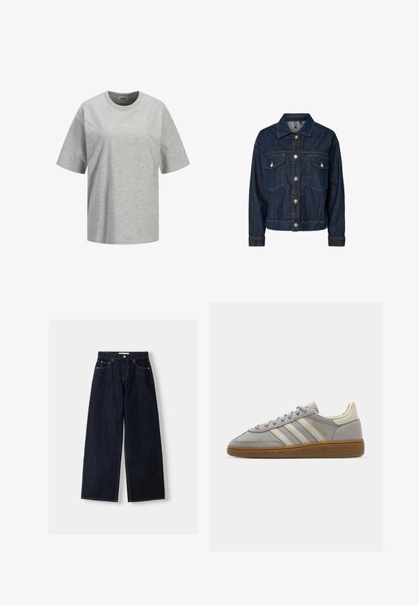 Temno-modra jeanska jakna s ovratnikom, sprednjim gumbom, dvema prsno žepoma in dolgimi rokavi z gumbastimi manšetami.; Siva bombažna majica s kratkimi rokavi, okroglo izrezana, z majhnim belim logotipom "JJXX STUDIO" na sprednji strani, gladka tekstura.; Temno modri široki jeans z visokim pasom, petimi žepi, kontrastnim šivanjem in srebrnim kovinskim okovjem. Gladka tekstura in čista končna obdelava.; Sive športne copate iz semiša z svetlosivimi usnjenimi črtami in gumijastim podplatom. Značilnosti vključujejo vezalni sistem in subtilno blagovno oznako na jezičku.