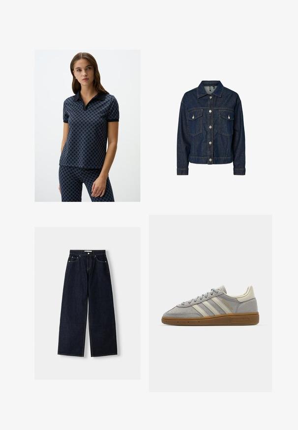 Dunkelblaues Denim-Jackett mit Kragen, vorderer Knopfverschluss, zwei Brusttaschen und langen Ärmeln mit geknöpften Manschetten.; Marineblaues Poloshirt mit gemustertem Design, kurzen Ärmeln und dunklem Kragen; kombiniert mit passenden gemusterten Hosen. Glatte Textur, lässige Passform.; Dunkelblaue, weite Jeans mit hoher Taille, fünf Taschen, Kontrastnähten und silbernem Metallzubehör. Glatte Textur und saubere Verarbeitung.; Graue Wildledersneaker mit hellgrauen Lederstreifen und einer Sohle aus Gummi. Zu den Merkmalen gehören eine Schnürung und dezente Markenkennzeichnung auf der Zunge.