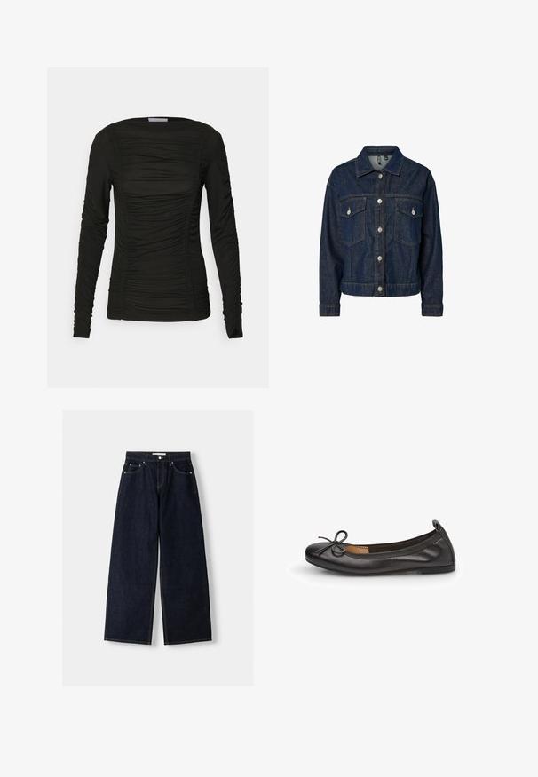 Tummansininen farkkutakki, jossa on kaulus, etuprojektiopainike, kaksi rintataskua ja pitkät hihat, joissa on nappikiinnitys.; Mustapaita, jossa on pitkät hihat, pehmeää materiaalia, ja etupuolella sekä hihoissa rypytys yksityiskohtia. Paidassa on pyöreä kaula-aukko ja tiukka malli.; Tummansiniset farkut, joissa on leveät lahkeet ja korkea vyötärö, viisi taskua, kontrastiväriset saumat ja hopeiset metalliosat. Sileä pinta ja siisti viimeistely.; Musta nahkainen balettisandaali, jossa on pyöristetty kärki, ohut nauhanyöri edessä ja elastinen reuna turvallisen istuvuuden takaamiseksi. Litteä pohja mukavuutta varten.