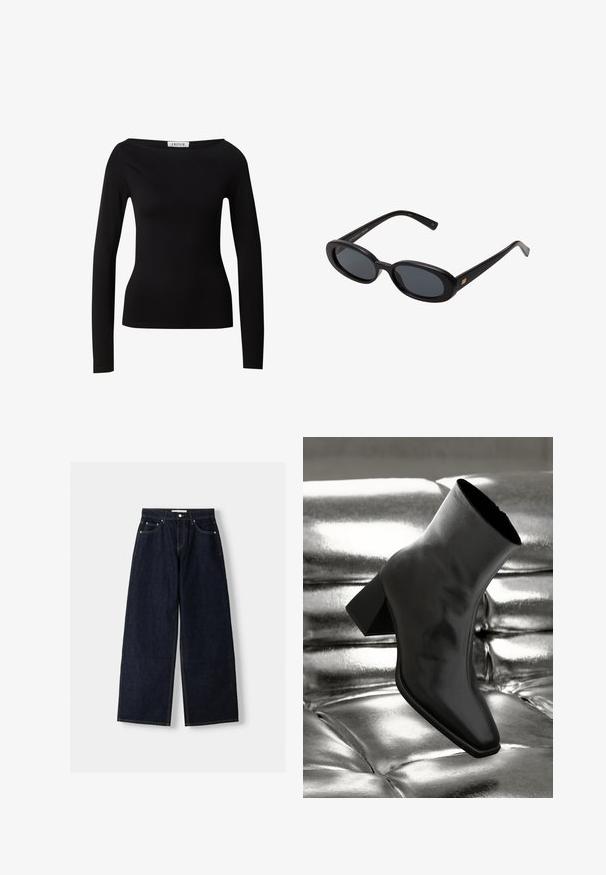 Dark blue denim jacket with a collared neck, front button closure, two chest pockets, and long sleeves featuring buttoned cuffs.; Black long-sleeve top with a wide neckline, fitted shape, and soft texture, made from stretchable fabric. No visible patterns or adornments.; Dark blue denim wide-leg jeans with a high waist, five pockets, contrast stitching, and silver metal hardware. Smooth texture and clean finish.; Black ankle boot made of glossy material with a square toe and tapered heel, set against a shiny silver tufted background.; Black oversized sunglasses with oval lenses, smooth plastic frame, and gold accents on temple. Dark lenses provide sun protection.