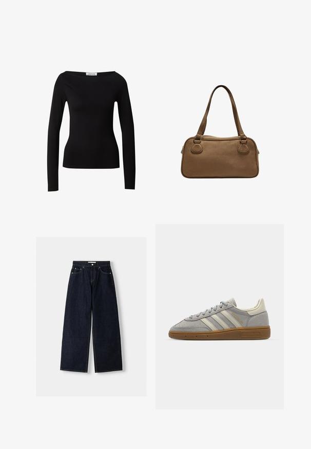 Dark blue denim jacket with a collared neck, front button closure, two chest pockets, and long sleeves featuring buttoned cuffs.; Black long-sleeve top with a wide neckline, fitted shape, and soft texture, made from stretchable fabric. No visible patterns or adornments.; Dark blue denim wide-leg jeans with a high waist, five pockets, contrast stitching, and silver metal hardware. Smooth texture and clean finish.; Gray suede sneakers with light gray leather stripes and a gum rubber sole. Features include lace closure and subtle branding on the tongue.; Brown suede handbag with two top handles, a zippered closure, and a rounded shape. Features tan stitching and metal accents near handles.