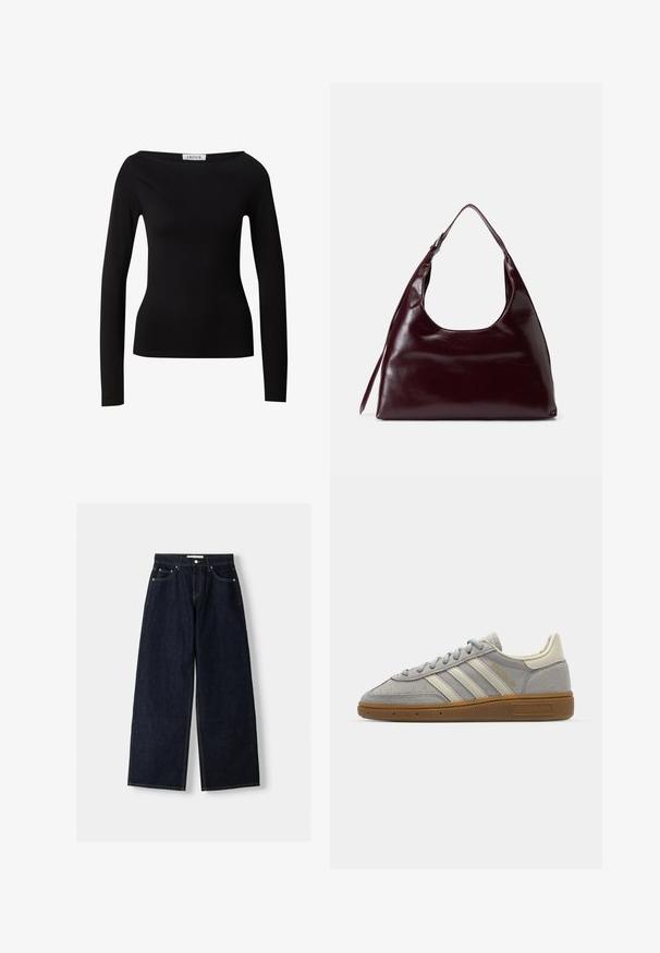 Donkerblauwe denim jas met een gekraagde kraag, een sluiting met knopen aan de voorkant, twee borstzakken en lange mouwen met button-up manchetten.; Zwart langemouwen top met een brede halslijn, getailleerde vorm en zachte textuur, gemaakt van rekbaar fabric. Geen zichtbare patronen of versieringen.; Donkerblauwe denim wijduitlopende jeans met een hoge taille, vijf zakken, contrasterende stiksels en zilveren metalen hardware. Gladde textuur en een nette afwerking.; Grijze suède sneakers met lichtgrijze leren strepen en een gomrubberen zool. Kenmerken zijn een vetersluiting en subtiele branding op de tong.; Bordeaux lederen handtas met een ronde uitsparing aan de bovenkant, een gladde textuur en een lange schouderband. De tas heeft een minimalistisch ontwerp en geen zichtbare hardware.