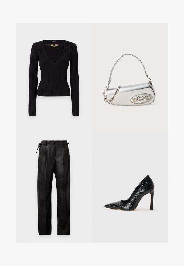 Brown teddy coat with three black buttons, wide lapels, and leopard print lining visible inside collar.; Just Cavalli Jumper - black; Black, high-waisted trousers made from a textured material. Features a straight leg, pleats, and adjustable drawstring at the waist.; Black pointed-toe high heel shoe with a crocodile-skin texture, featuring a sleek design, high stiletto heel, and smooth black interior.; Silver metallic handbag with a rounded triangular shape, featuring a logo, chain strap, and smooth texture. Zipper closure on the side.