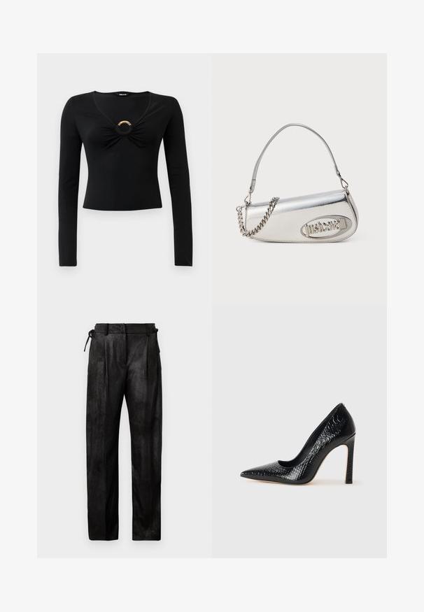 Rudas meškos paltas su trimis juodomis sagomis, plačiais atlapais ir leopardų raštu išklotu vidumi, matomu apykaklėje.; Juodas ilgomis rankovėmis viršus su V formos iškirpte, turintis susiraukšlėjusius audinius krūtinės srityje ir apvalų metalinį akcentą centre. Minkšta, elastinga medžiaga.; Juodos, aukštu liemeniu kelnės, pagamintos iš struktūruotos medžiagos. Turi tiesią kojų liniją, klostes ir reguliuojamą raištį liemens srityje.; Juoda smailiakulnė aukšto kulno bateliai su krokodilo odos tekstūra, pasižymintys elegantišku dizainu, aukštu stiletu kulnu ir lygia juoda vidine dalimi.; Sidabrinė metalinė rankinė apvalios trikampio formos, su logotipu, grandeline juosta ir lygiu paviršiumi. Užtrauktukas šone.