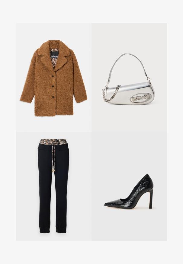 Brūns tējas mētelis ar trim melnajām pogām, plašiem atloka galiem un leopardu raksta oderi, kas redzama apkakles iekšpusē.; Melna garo piedurkņu topa daļa ar īsām piedurknēm, veidota no teksturēta auduma, ar pieguļošu dizainu un savelkošiem elementiem krūtīs.; Melni sporta bikses ar elastīgu jostu un čūskas rakstu. Iekļauta aukliņa un elastīgi aproces.; Melni augstpapēžu apavi ar norādītu purngalu, ar krokodila ādas tekstūru, izceļoties ar elegantu dizainu, augstu stiletto papēdi un gludu melnu interjeru.; Sudraba metāla rokas soma ar noapaļu trīsstūra formu, ar logotipu, ķēdes siksnu un gludu tekstūru. Sānos atverama ar rāvējslēdzēju.