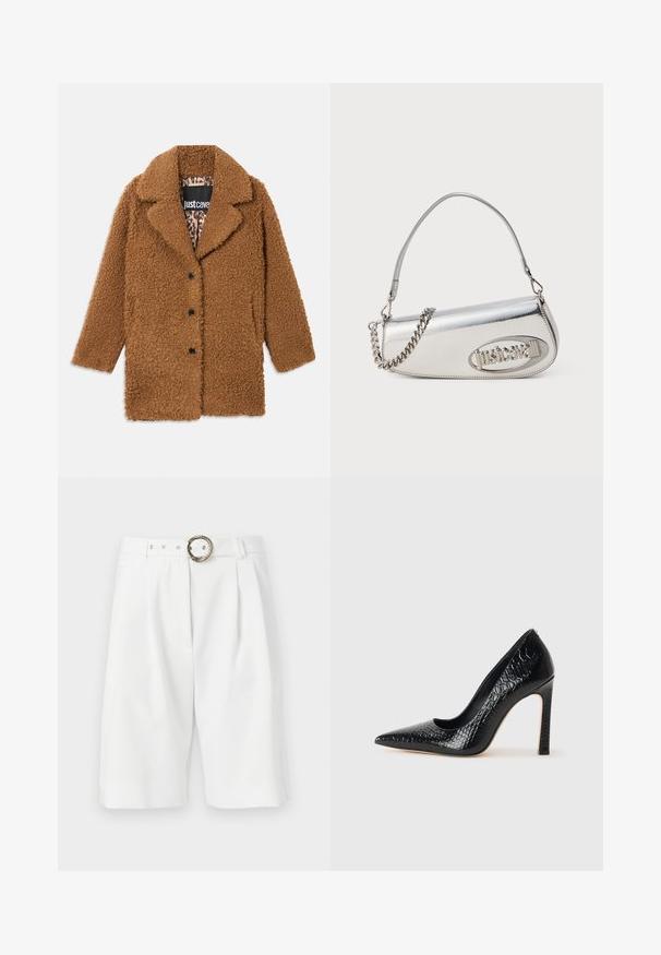 Brown teddy coat with three black buttons, wide lapels, and leopard print lining visible inside collar.; Black long-sleeve crop top made of textured fabric, featuring a fitted design and gathered detailing at the bust.; White tailored shorts with a wide fit, featuring a rope-patterned metal belt buckle, pleats, and a clean design. Smooth texture.; Black pointed-toe high heel shoe with a crocodile-skin texture, featuring a sleek design, high stiletto heel, and smooth black interior.; Silver metallic handbag with a rounded triangular shape, featuring a logo, chain strap, and smooth texture. Zipper closure on the side.