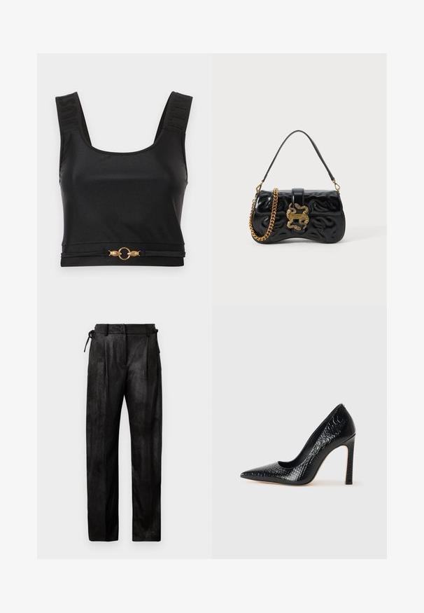 Hnědý medvídkový kabát se třemi černými knoflíky, širokými klopami a leopardím potiskem viditelným uvnitř límce.; Černý crop top vyrobený z hladkého materiálu. Má široké ramínka s reliéfně vytištěným textem a zlatý kruhový akcent na lemu. Jednoduchý, elegantní design.; Černé kalhoty s vysokým pasem vyrobené z texturovaného materiálu. Mají rovný střih, sklady a nastavitelnou šňůrku v pase.; Černý lodičkový bot s špičatou špičkou, pokrytý texturou krokodýlí kůže, s elegantním designem, vysokým stiletto podpatkem a hladkým černým interiérem.; Černá kabela z umělé kůže s vyraženým vlnitým vzorem, řetízkový popruh v zlatém odstínu a dekorační klips ve tvaru hada s logem.