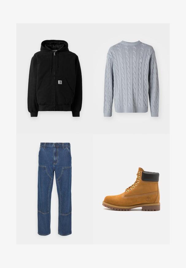 Zwarte ritssluiting hoodie-jack met voorzakken, een trekkoord aan de capuchon, ribgebreide boorden en een kleine Carhartt logo-patch op de zak.; Lichtblauwe gebreide trui met een kabelgebreid patroon, lange mouwen en een ronde hals. Ribgebreide manchetten en zoom voegen textuur en structuur toe.; Blauwe spijkerbroek met een rechte pijp, voorzakken en contrasterende stiksels. De stof heeft een klassieke textuur en afwerking.; Tan suède enkelboot met zwart gevoerd kraagje, gouden metalen oogjes, witte stikdetails en een robuuste rubberen zool met uitgesproken profiel.