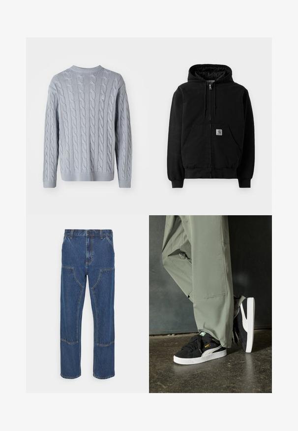 Must kardigan musta kapuutsiga, ees taskud, reguleeritav kapuuts, ribakujuga mansetid ja väike Carhartti logo õmblus taskul.; Heledad sinine kudumitega sviiter, millel on kabli kudumise muster, pikad varrukad ja ümmargune kaelus. Ribakujulised mansetid ja alläär lisavad tekstuuri ja struktuuri.; Sinine denimist rõivaste paari sirge säärega teksad, millel on ees plaastritaskud ja kontrastsed õmblused. Kangas omab klassikalist tekstuuri ja viimistlust.; Mustad nubukist spordijalatsid valgete kummist tallade ja külgriidega, koos heleda rohelise cargo-pükstega, seistes tekstureeritud tumedal pinnasel.