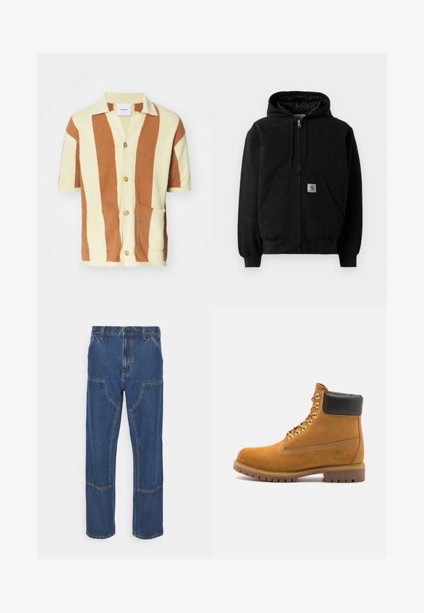 Czarna rozpinana kurtka z kapturem, z przednimi kieszeniami, sznurkiem w kapturze, ściągaczami przy mankietach oraz małą naszywką z logo Carhartt na kieszeni.; Krótki kardigan z krótkim rękawem w kremowo-brązowy prążkowany wzór, z zapięciem na guziki z przodu, dwoma kieszeniami z przodu oraz miękkim, puszystym materiałem.; Niebieskie dżinsy z prostymi nogawkami, z przednimi kieszeniami naszytymi i kontrastowymi przeszyciami. Tkanina ma klasyczną teksturę i wykończenie.; Beżowe zamszowe botki sięgające kostki z czarną wyściełaną krawędzią, złotymi oczkami, białymi detalami szycia oraz wytrzymałą gumową podeszwą z wyraźnym bieżnikiem.