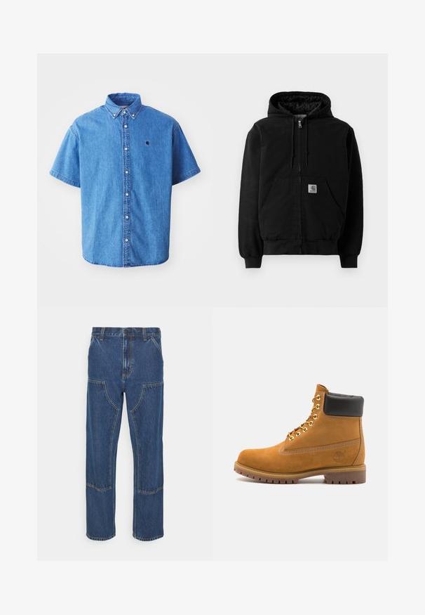 Čierna zipsová kapucňová bunda s prednými vreckami, kapucňou na šnúrku, rebrovanými manžetami a malou nášivkou Carhartt na vrecku.; Džínová košeľa s krátkym rukávom v svetlomodrej farbe s golierom na gombíky, ktorá má náprsné logo a výrazné švy.; Modré denims nohavice so rovnými nohavicami, prednými vreckami na nášivku a kontrastnými švami. Tkanina má klasickú textúru a povrchovú úpravu.; Tyrkysové semišové členkové topánky s čiernym polstrovaným golierom, zlatými kovovými očkami, bielym prešívaním a robustnou gumovou podrážkou s výraznými drážkami.