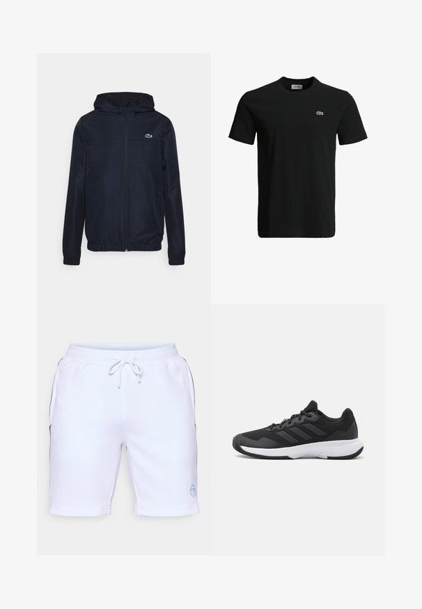 Ναυτικό μπλε ελαφρύ μπουφάν με κουκούλα, πλήρη φερμουάρ, ελαστικούς καρπούς και ένα μικρό πράσινο λογότυπο στο στήθος; είναι κατασκευασμένο από λείο, ανθεκτικό στο νερό υλικό.; Μαύρη βαμβακερή μπλούζα με στρογγυλή λαιμόκοψη, κοντά μανίκια και μικρό πράσινο λογότυπο κροκοδείλου στο αριστερό στήθος. Λείος υφασμάτινος χαρακτήρας, χαλαρός σχεδιασμός.; Λευκές αθλητικές βερμούδες με ελαστική μέση και κορδόνι, που διαθέτουν μαύρες πλαινές λεπτομέρειες και ένα ανοιχτό μπλε λογότυπο στο μπροστινό μέρος.; Μαύρο αθλητικό παπούτσι με υφασμάτινη επιφάνεια, τρεις οριζόντιες ρίγες και λευκή σόλα με μοτίβο. Ελαφρύ και μοντέρνο σχέδιο.