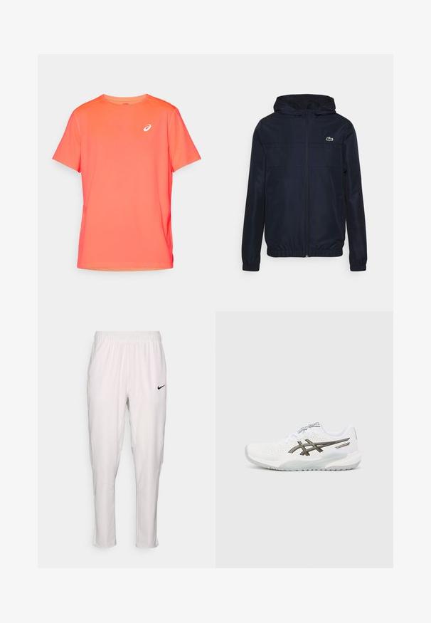Giacca leggera blu navy con cappuccio, zip completa, polsini elastici e un piccolo logo verde sul petto; materiale liscio e resistente all'acqua.; T-shirt atletico a maniche corte di colore corallo brillante, realizzato in tessuto leggero e liscio con un logo bianco sul lato sinistro del petto.; Pantaloni sportivi bianchi con una vita elastica. Presentano una vestibilità slim, una texture liscia e un piccolo logo Nike nero sulla parte anteriore.; Scarpa da ginnastica bianca con tomaia in mesh forato, dettagli grigi, logo di lato e design della suola ammortizzata. Presenta una chiusura con lacci.