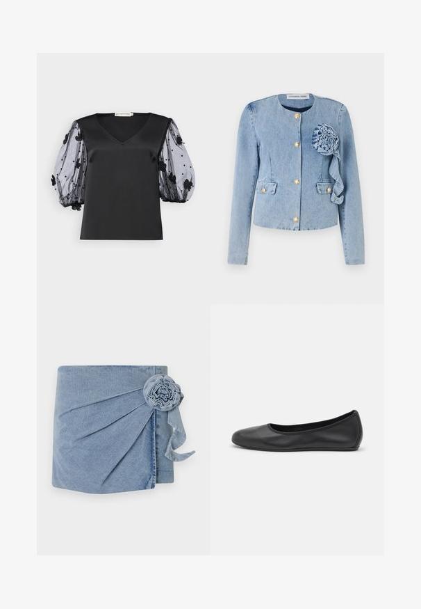 Lys blå denimjakke med rund hals, gullknapp-lukking, lappelommer og en dekorativ stoffblomst på venstre front.; Sort satintopp med V-hals, med gjennomsiktige svarte tyll-puffeslaver dekorert med blomsterapplikasjoner og perler.; Denim innpakning med en lys blå nyanse, intrikate plisseringer og en dekorativ blomsterdetalj med en hengende bånd. Myk tekstur og uformell design.; Svart skinnballettflatt med rund tå, glatt tekstur, minimal sømdetalj, og et fleksibelt såledesign.