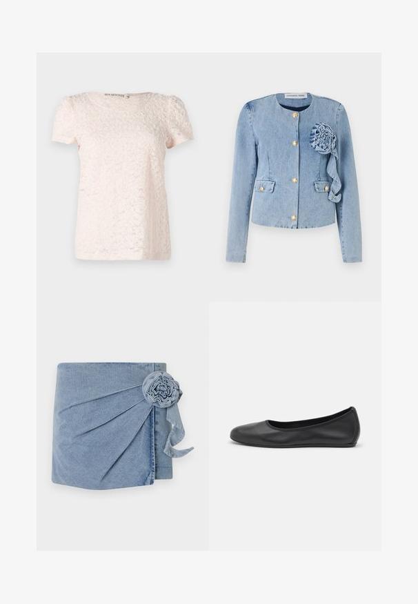 Svijetloplava traper jakna s okruglim izrezom, zlatnim kopčama, džepovima s zakrpama i dekorativnim cvijetom od tkanine s lijeve strane na prednjem dijelu.; Svijetlo ružičasti kratki rukav vrh s teksturiranim, cvjetnim uzorkom i okruglim izrezom. Izrađen od meke, nježne tkanine.; Denim omot s laganim plavim nijansom, složenim nabiranjem i ukrasnim cvijetom s dugom vrpcom. Mekana tekstura i ležeran dizajn.; Crne kožne baletanke s zaobljenim vrhom, glatke teksture, minimalnim detaljima šavova i fleksibilnim dizajnom potplata.