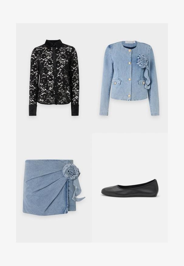 Giacca di jeans blu chiaro con colletto rotondo, chiusure a bottone dorato, tasche a toppa e un fiore di stoffa decorativo sul lato sinistro.; Blusa nera in pizzo con maniche lunghe, colletto strutturato, chiusura con bottoni davanti e polsini in velluto texturizzato. Presenta motivi floreali in pizzo su tutta la superficie.; Wrap in denim con una tonalità azzurro chiaro, con pieghe intricate e un fiore decorativo con un nastro che penzola. Texture morbida e design informale.; Pantofole da balletto nere in pelle con punta arrotondata, texture liscia, dettagli di cucitura minimi e design con suola flessibile.