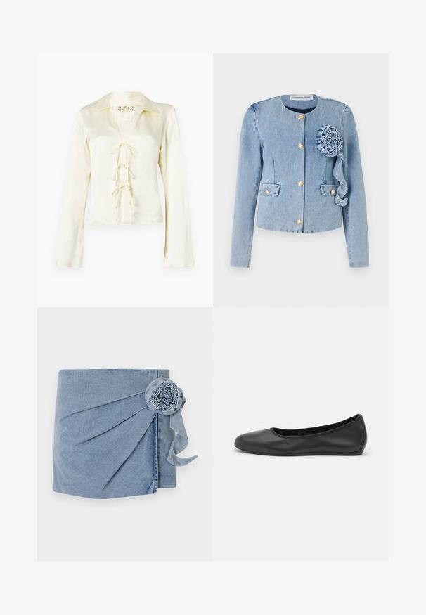 Giacca di jeans blu chiaro con colletto rotondo, chiusure a bottone dorato, tasche a toppa e un fiore di stoffa decorativo sul lato sinistro.; Blusa cream a maniche lunghe con colletto e scollatura a V, caratterizzata da un'interfaccia in pizzo con tre legature in tessuto e una texture liscia e setosa.; Wrap in denim con una tonalità azzurro chiaro, con pieghe intricate e un fiore decorativo con un nastro che penzola. Texture morbida e design informale.; Pantofole da balletto nere in pelle con punta arrotondata, texture liscia, dettagli di cucitura minimi e design con suola flessibile.