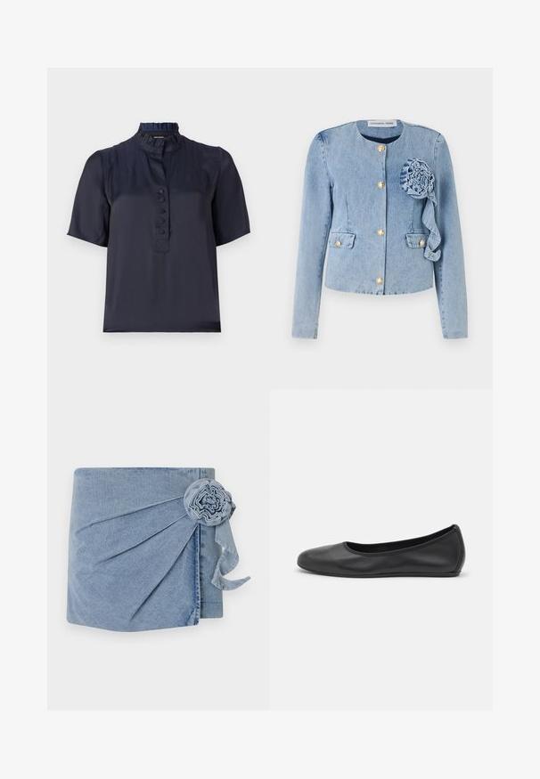 Lys blå denimjakke med rund hals, gullknapp-lukking, lappelommer og en dekorativ stoffblomst på venstre front.; Marineblå kortermet bluse med volangkrage, front knappestolpe og glatt, lett stoff. Har en subtil glans.; Denim innpakning med en lys blå nyanse, intrikate plisseringer og en dekorativ blomsterdetalj med en hengende bånd. Myk tekstur og uformell design.; Svart skinnballettflatt med rund tå, glatt tekstur, minimal sømdetalj, og et fleksibelt såledesign.