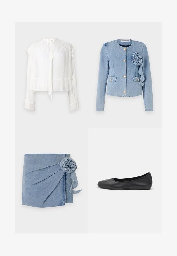 Light blue denim jacket with a round neckline, gold button closures, patch pockets, and a decorative fabric flower on the front left.; White, long-sleeve blouse in lightweight fabric. Features a ruffled neckline and cuffs, with a tie detail at the front. Cropped design.; Denim wrap featuring a light blue hue, intricate pleating, and a decorative flower accent with a trailing ribbon. Soft texture and casual design.; Black leather ballet flat with a rounded toe, smooth texture, minimal stitching detail, and a flexible sole design.