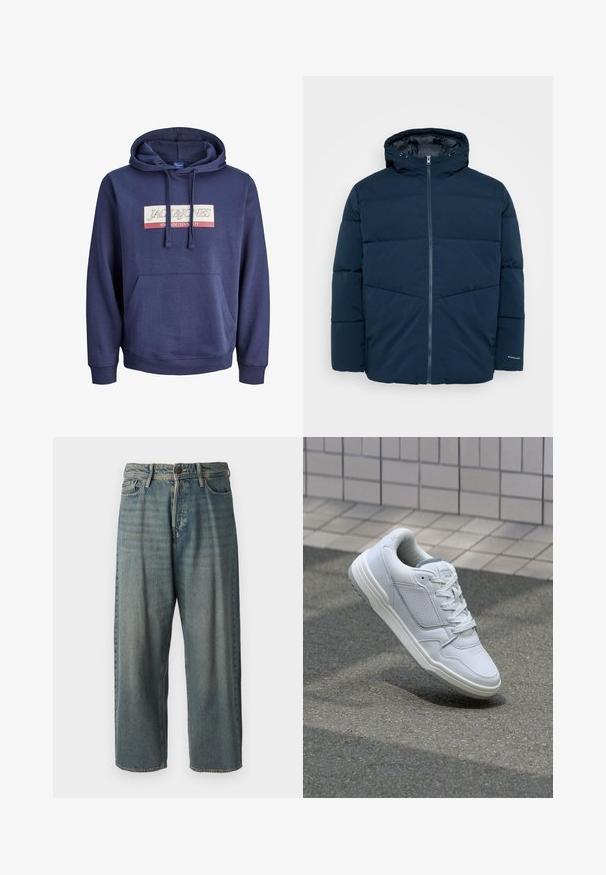 Tamsiai mėlynas, paminkštintas žieminis švarkas su kapišonu, priekyje užtrauktukas ir ilgomis rankovėmis, pristatytas prieš neutralų foną.; Tamsiai mėlynas džemperis su gobtuvu, pagamintas iš medvilnės ir sintetinio pluošto mišinio, turintis šoninę kengūros kišenę, raišteliais reguliuojamą gobtuvą ir grafišką logotipą krūtinės srityje.; Šviesiai mėlyni džinsai su laisvu siluetu, vidutinio aukščio juosmeniu ir tiesiomis kojomis. Su penkiais kišenėmis, diržo kilpo ir mygtukų uždarymu.; Baltos odinės sportinės bateliai su perforuotais šonais, tekstūruotais akcentais, plokščiomis raištelėmis ir kontrastingu pilku kulnu. Yra šiek tiek pakelti padas.