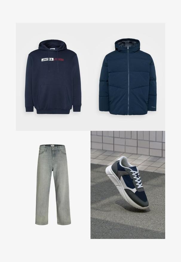 Giubbotto invernale imbottito blu navy con cappuccio, cerniera frontale e maniche lunghe, esposto su uno sfondo semplice.; Felpa blu navy con tasca a marsupio, cappuccio con coulisse e logo stampato in bianco/rosso con la scritta "JACK & JONES" sul petto.; Jeans grigi chiaro, con vestibilità comoda, realizzati in denim. Presentano un classico design a cinque tasche, passanti per cintura e una silhouette a gamba dritta.; Sneaker con tomaia in rete blu navy, inserti in suede grigio, suola in gomma bianca e lacci bianchi piatti, progettata per comfort e traspirabilità.
