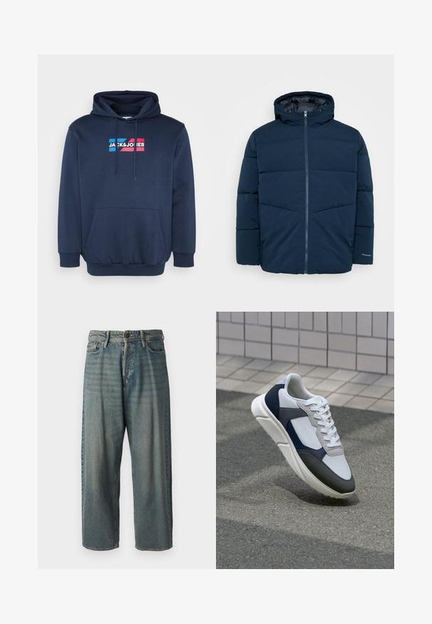 Tumši zils samtainā ziemas jaka ar kapuci, priekšējo rāvējslēdzēju un garām piedurknēm, izlikta uz neitrāla fona.; Tumši zils kapucejais krekls, izgatavots no kokvilnas auduma, ar kabatu priekšpusē, ar balto un krāsaino logotipu "JACK&JONES" uz krūts.; Gaiši zili džinsi ar brīvu piegriezumu, vidējo jostas augstumu un taisnām kājām. Satur piecas kabatas, jostas cilpas un pogu aizdari.; Balti, tumši zili un pelēki sporta apavi ar jauktu materiālu dizainu, kuram ir teksturēts augšdaļa, plakani šņores un mīkstināta zole.