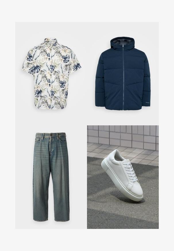 Tumši zils samtainā ziemas jaka ar kapuci, priekšējo rāvējslēdzēju un garām piedurknēm, izlikta uz neitrāla fona.; Īsām piedurkņu krekls ar tropisku ziedu un lapu rakstu tumši zilos, zaļos un krēmkrāsas toņos uz gaiša fona; pogājams dizains.; Gaiši zili džinsi ar brīvu piegriezumu, vidējo jostas augstumu un taisnām kājām. Satur piecas kabatas, jostas cilpas un pogu aizdari.; Baltas ādas sporta apavi ar gludu virsmu, apaļu pirkstu un plakanām baltām šņorēm. Iezīmējas ar strukturētu gumijas zoli un minimālisma dizaina elementiem.