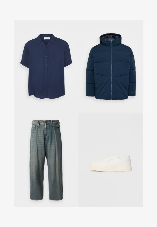 Temno modra podložena zimska jakna s kapuco, spredaj z zadrgo in dolgimi rokavi, prikazana na enobarvni ozadju.; Modra kratka majica z dolgimi rokavi iz gladkega materiala, z gumbom na sprednji strani, ovratnikom in ukrivljenim robom.; Svetlomoderne kavbojke z ohlapnim krojem, srednjim pasom in ravnimi nogami. Imajo pet žepov, zanke za pas in zapiranje na gumb.; Bele zapete brez vezalk z teksturirano površino, debelim podplatom in minimalističnim dizajnom. Na strani se nahaja logotip blagovne znamke.