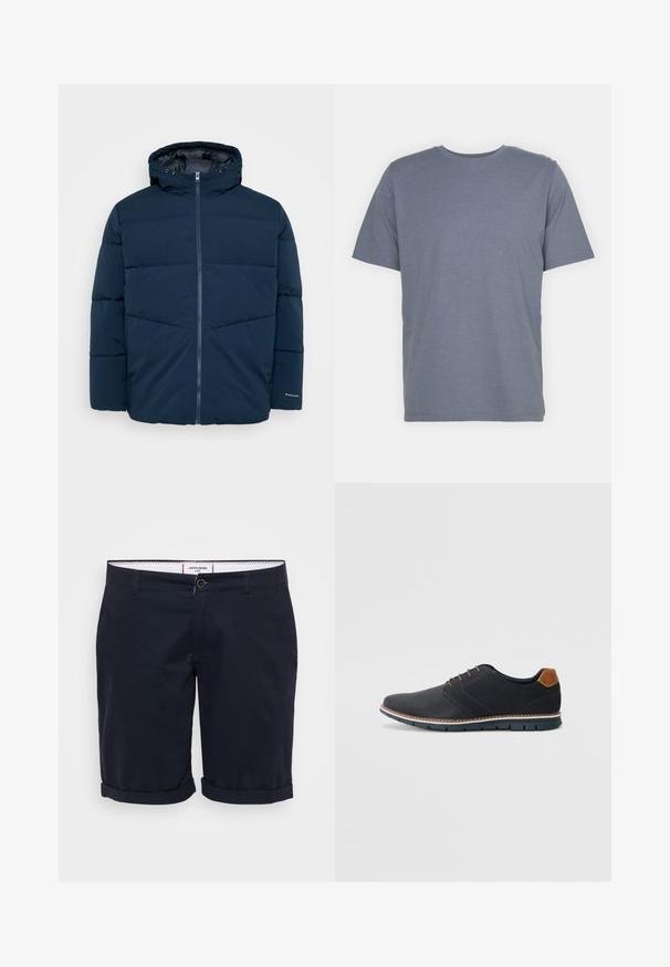 Marineblauw gewatteerde winterjas met capuchon, vooraan met rits en lange mouwen, weergegeven tegen een effen achtergrond.; Grijze T-shirt met korte mouwen en een ronde hals, gemaakt van een zachte katoenmix. Eenvoudig ontwerp, zonder patronen of accenten.; Marineblauwe korte broek van katoenen stof, met een vlakke voorkant, opgerolde boorden en een enkele knoopsluiting aan de voorkant.; Zwarte synthetische schoenen met een gestructureerde bovenkant, gladde accenten, bruine hak en een contrasterende zool. Bevat minimale veters en stikdetails.